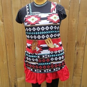 Red Aztec Print Kitchen Handmade Apron with Ruffles